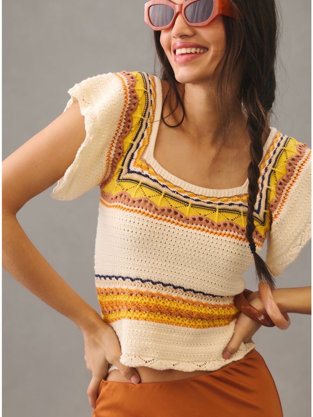 bishop + young 100% Cotton Crochet Knit Boho Top Festival Cottagecore Large